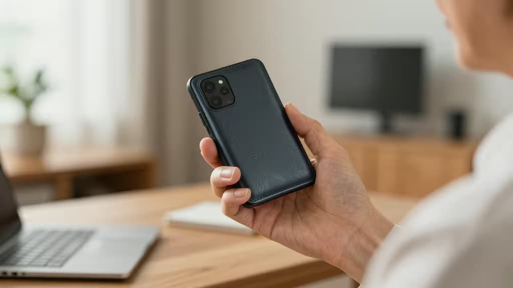 Senior holds textured black hardware wallet in cozy home setting.