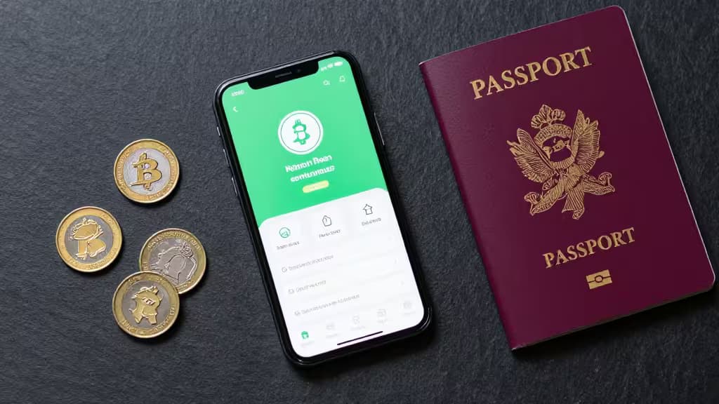 Smartphone affichant une application crypto, passeport britannique et pièces dorées sur un bureau sombre.