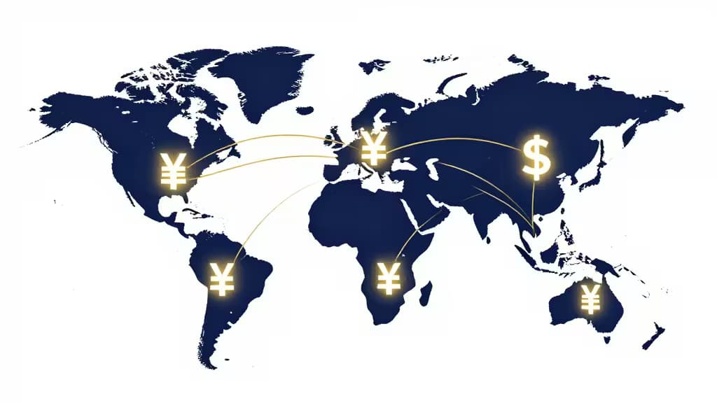 Abstrakte Illustration globaler Geldtransfers mit leuchtenden Währungssymbolen und Verbindungslinien zwischen Kontinenten in Blau- und Goldtönen