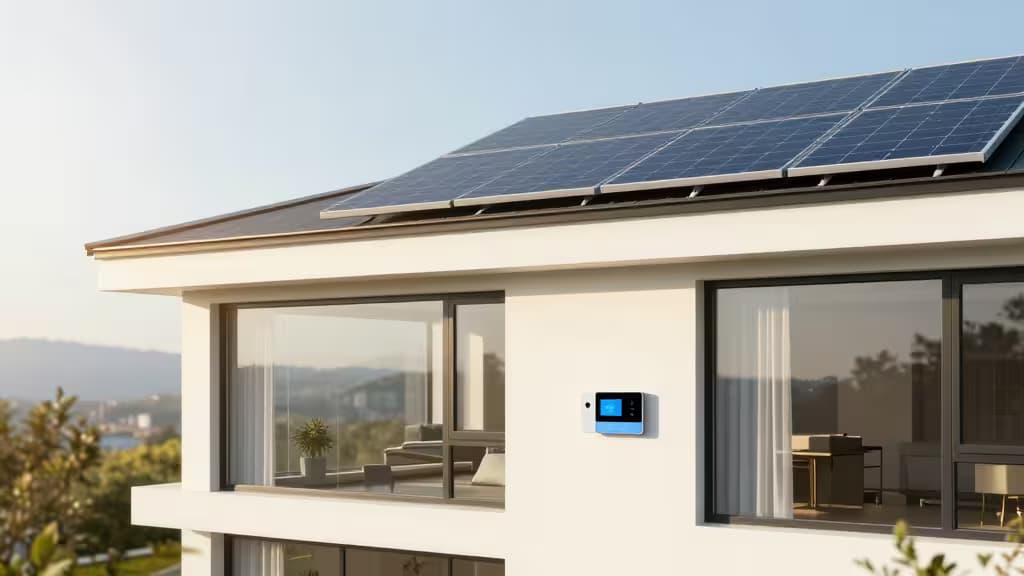 Modern home with rooftop solar panels in bright midday sunlight, smart home devices coordinating energy use.