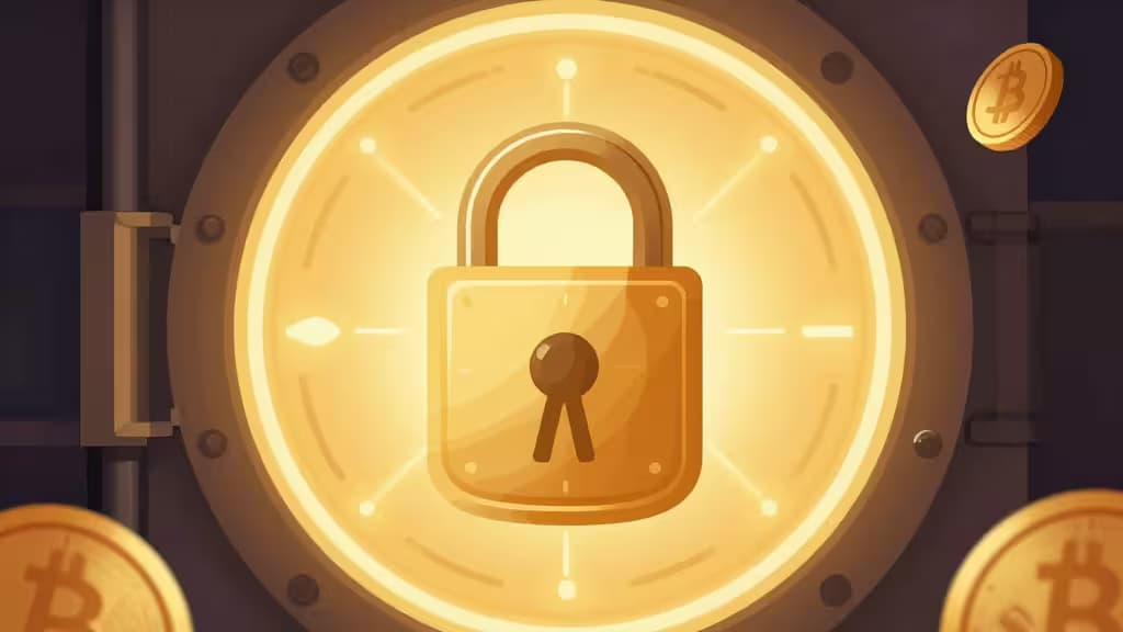 Um cadeado dourado brilhante protege a porta de um cofre, rodeado por moedas de Bitcoin flutuantes, simbolizando o armazenamento seguro de cripto para reformados.