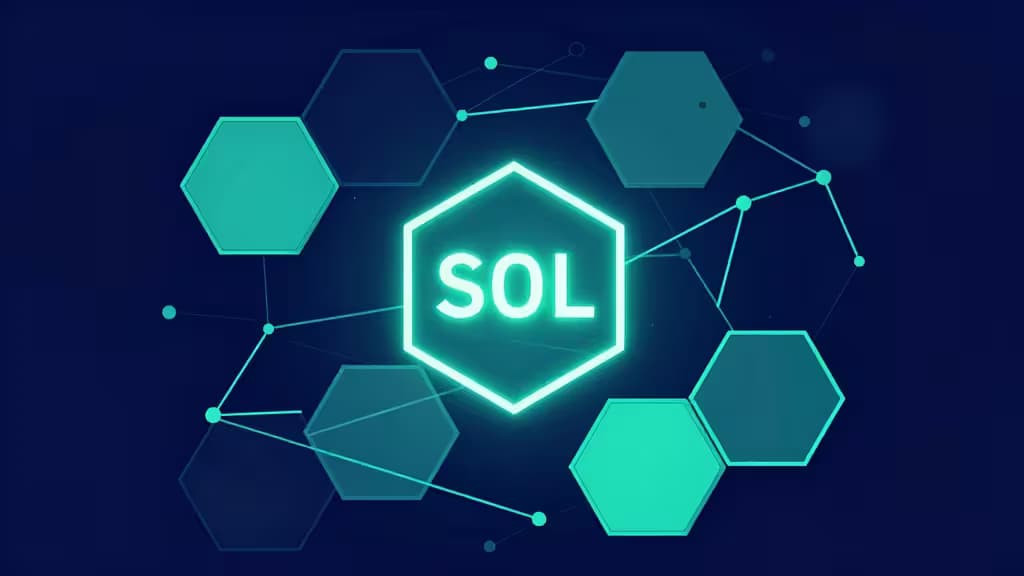 Glowing SOL hexagon surrounded by interconnected teal nodes on dark blue background.