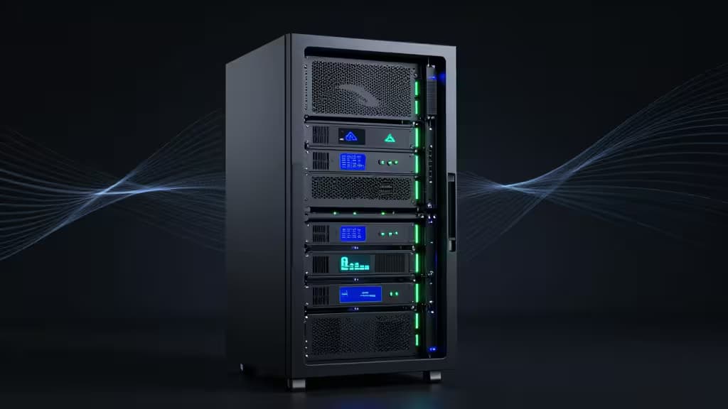 A sleek black server rack with glowing blue and green lights stands against a dark background.