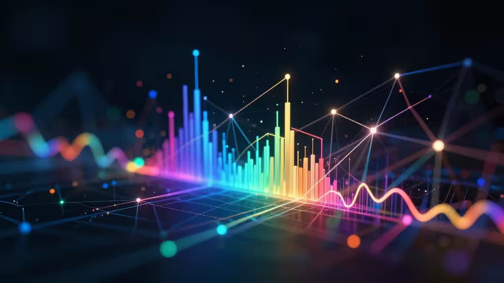 Vibrant 3D bar charts and glowing lines illustrate AI-driven data visualization tools.