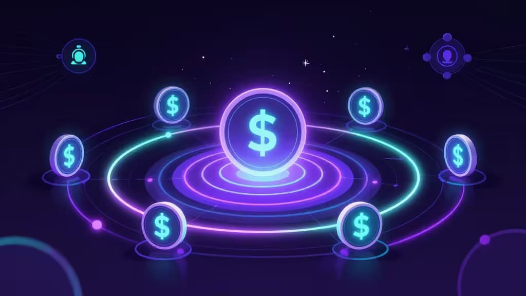 Abstract illustration of a Solana meme coin trading ecosystem with glowing token symbols, bonding curve arcs, and interconnected DEX nodes on a dark purple and teal background.