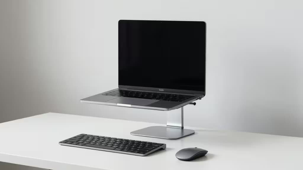 Sleek aluminum laptop stand elevates MacBook, paired with wireless keyboard and mouse on minimalist white desk.