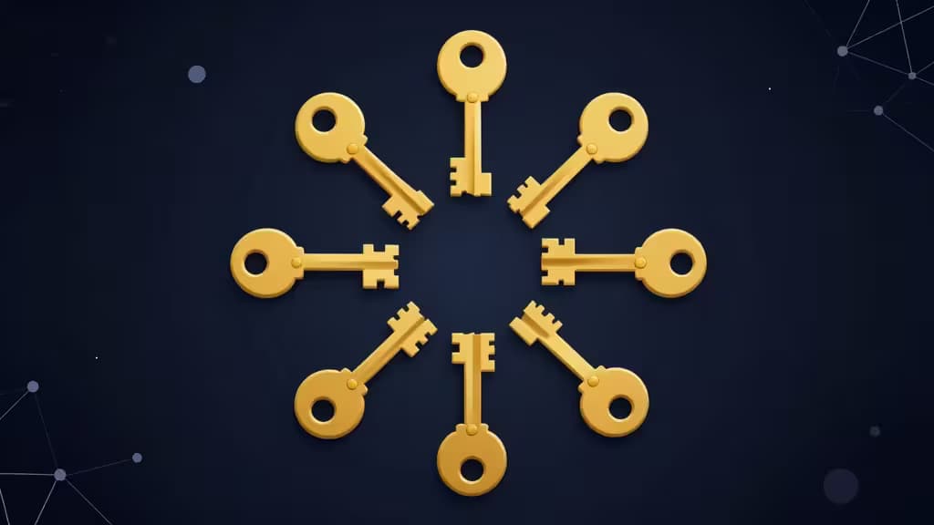 Eight golden keys form a circle on a dark blue background with subtle network lines, symbolizing secure multi-signature crypto wallet access for teams.
