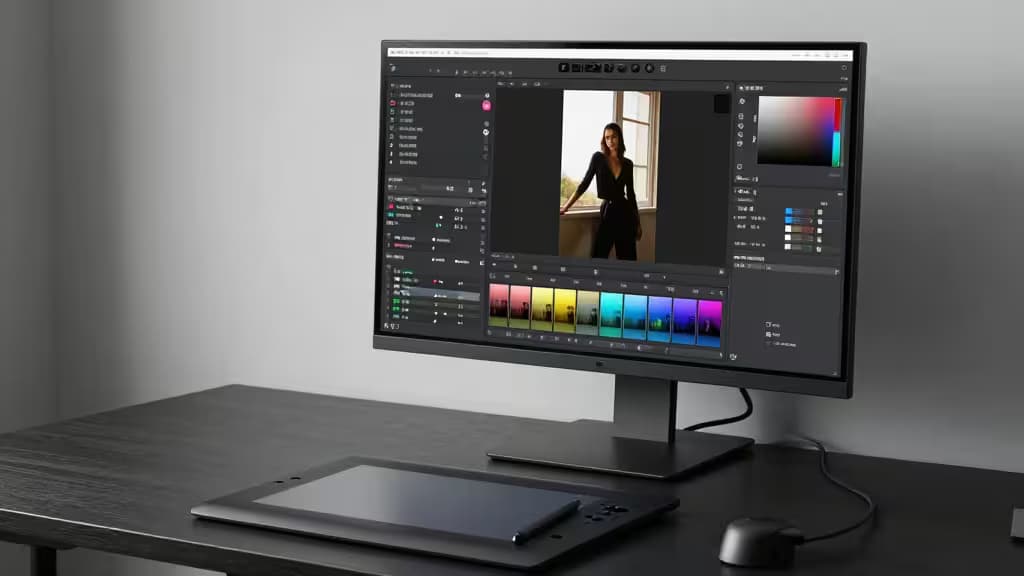 Un monitor muestra software de edición de fotos con IA con un retrato de modelo, flanqueado por una tableta gráfica y un ratón sobre un escritorio oscuro.