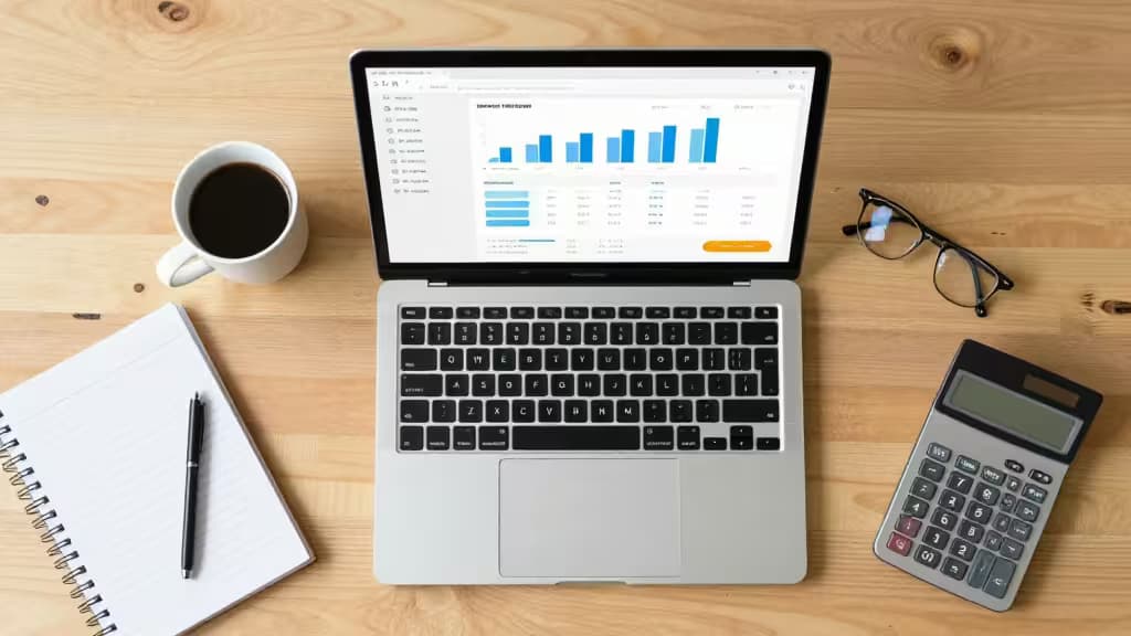 Laptop displays financial dashboard, flanked by coffee, notebook, glasses, and calculator on wooden desk.