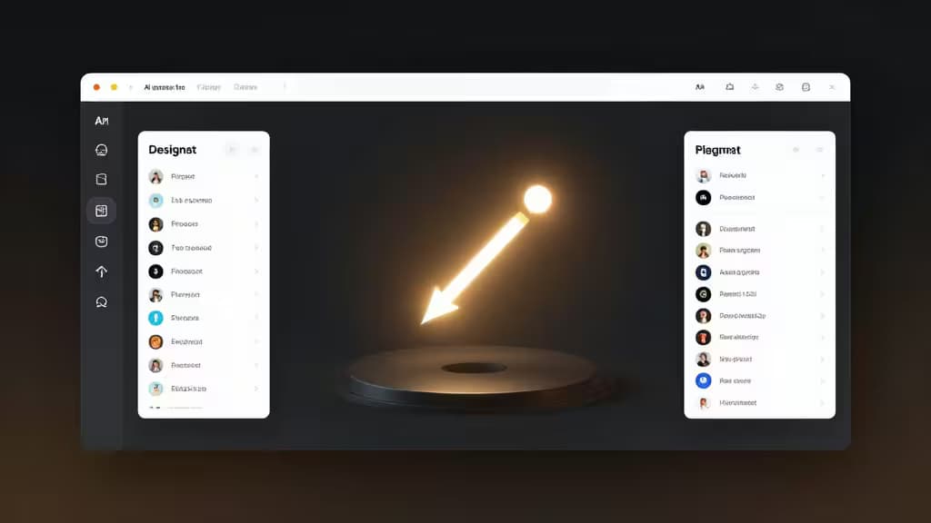 Interface do Figma com plugins de IA destacados em um painel lateral, mostrando ferramentas de design inteligente em um workspace digital moderno