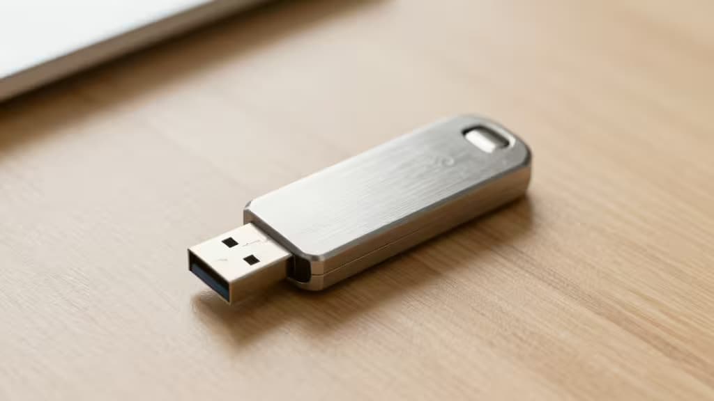 A sleek metal USB security key rests on a light wood desk, ready for two-factor authentication.