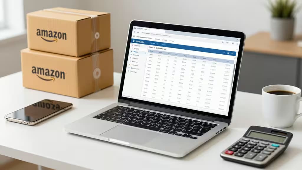 Laptop displays accounting software beside stacked Amazon boxes, calculator, and coffee on white desk.