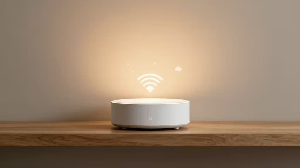 Hub inteligente cilíndrico branco sobre uma prateleira de madeira, projectando um símbolo Wi-Fi luminoso no ar quente acima de si.