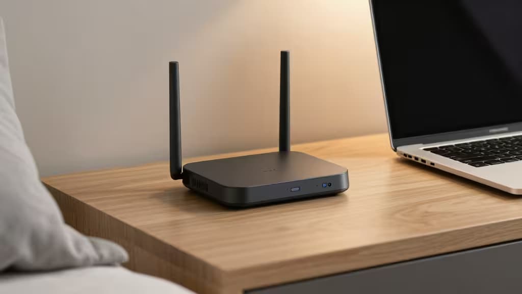 Router travel compacto negro con dos antenas sobre un escritorio de madera clara junto a un portátil, ilustrando el uso seguro de Wi-Fi de hotel.