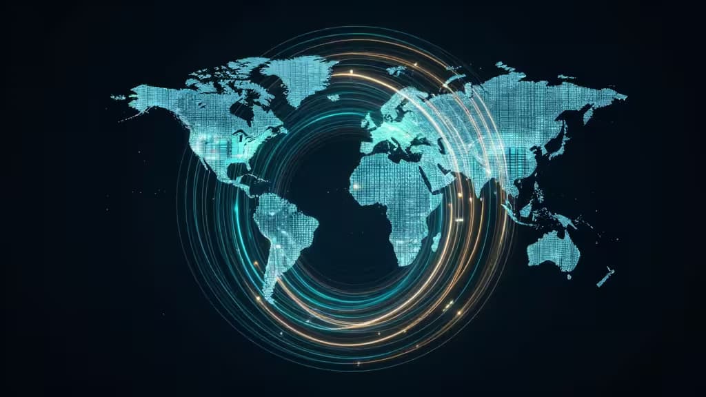 Digital world map with glowing orbital lines symbolizing encrypted multi-hop VPN tunnels connecting global jurisdictions.