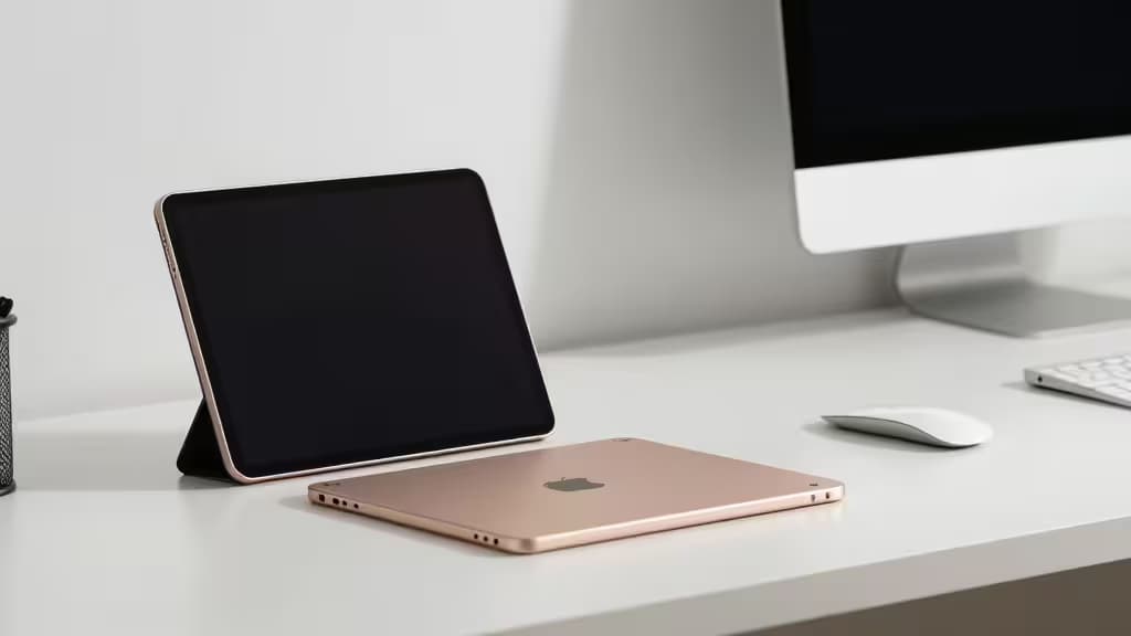 Um iPad Pro dourado apoiado ao lado de sua capa sobre uma mesa branca minimalista com acessórios Apple