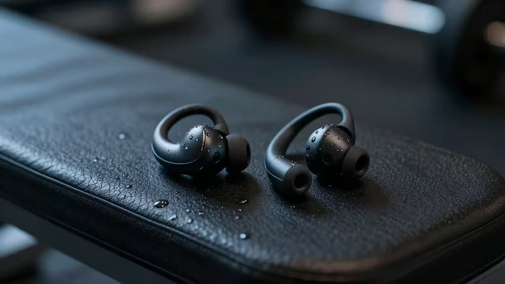 Wireless sport earbuds with ear hooks resting on a gym bench with water droplets, dark moody lighting with blue accent tones