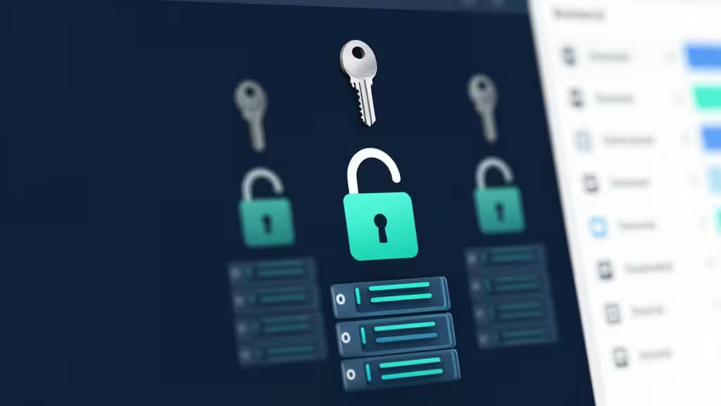 A glowing teal padlock hovers above server racks, flanked by keys, against a dark Kubernetes dashboard backdrop.