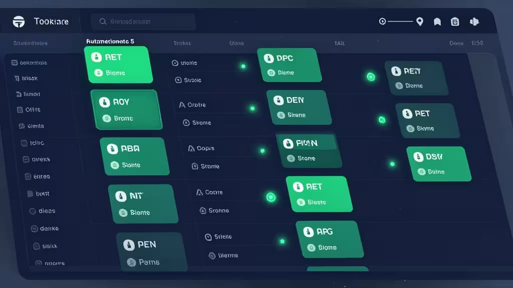 Green transaction cards with icons and text float on a dark blue interface, illustrating automated AI bookkeeping categorization for small businesses.