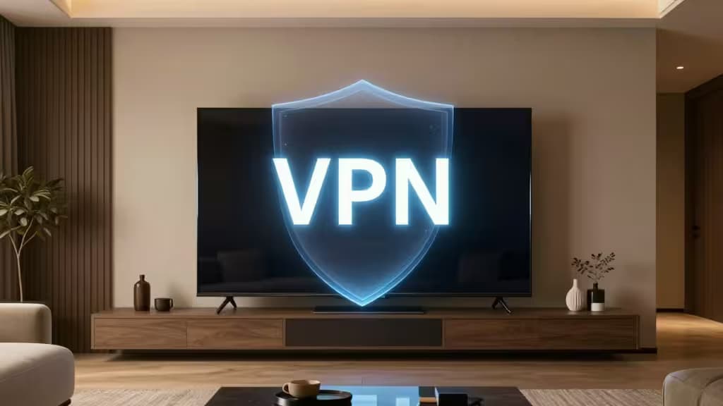 Abstract living room with a large glowing smart TV screen and a subtle digital shield overlay representing VPN protection