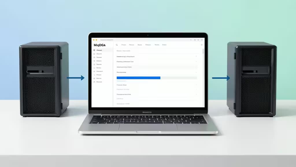 Laptop displays migration tool interface between two servers, symbolizing affordable MongoDB data transfer.