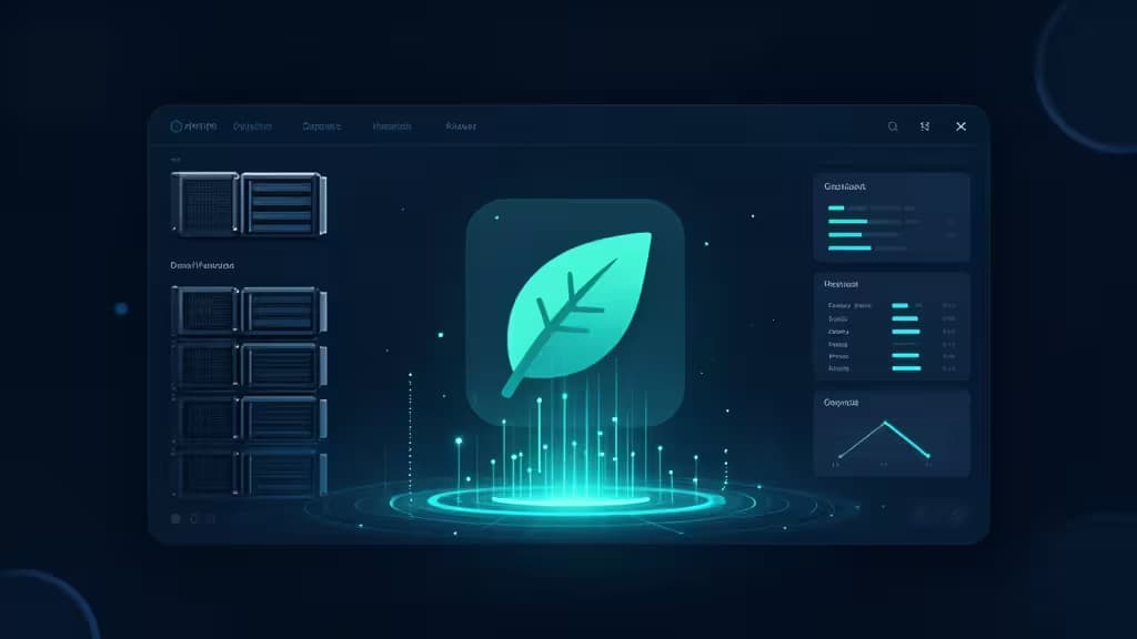 Painel futurista com ícone de folha brilhante, painéis de dados e elementos de interface holográfica sobre fundo escuro.