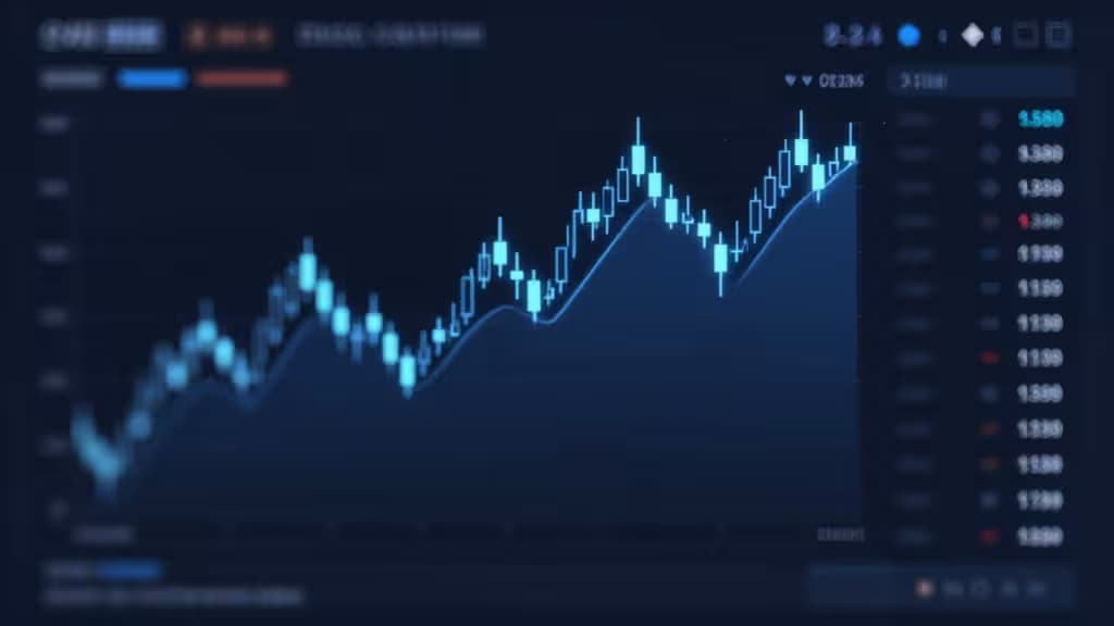Abstract trading dashboard with glowing candlestick charts and leverage multiplier indicators in dark blue and electric blue tones
