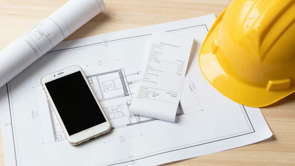 Un smartphone, planos, recibos y un casco amarillo de obra sobre un banco de trabajo de madera.