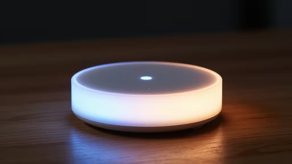 A glowing white smart hub sits on a wooden surface, emitting soft blue and warm light.