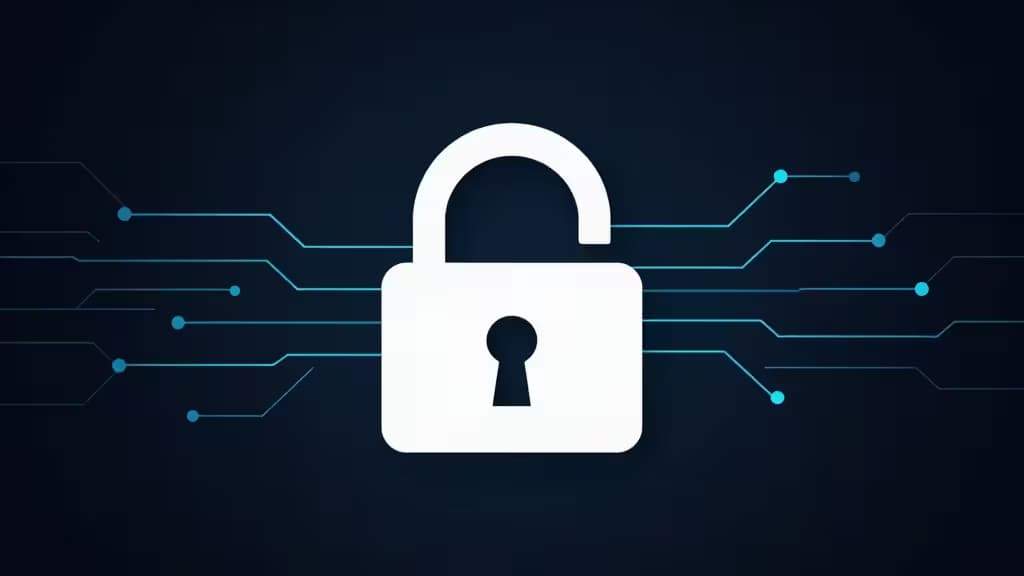 White padlock icon centered on dark blue background with glowing circuit lines.