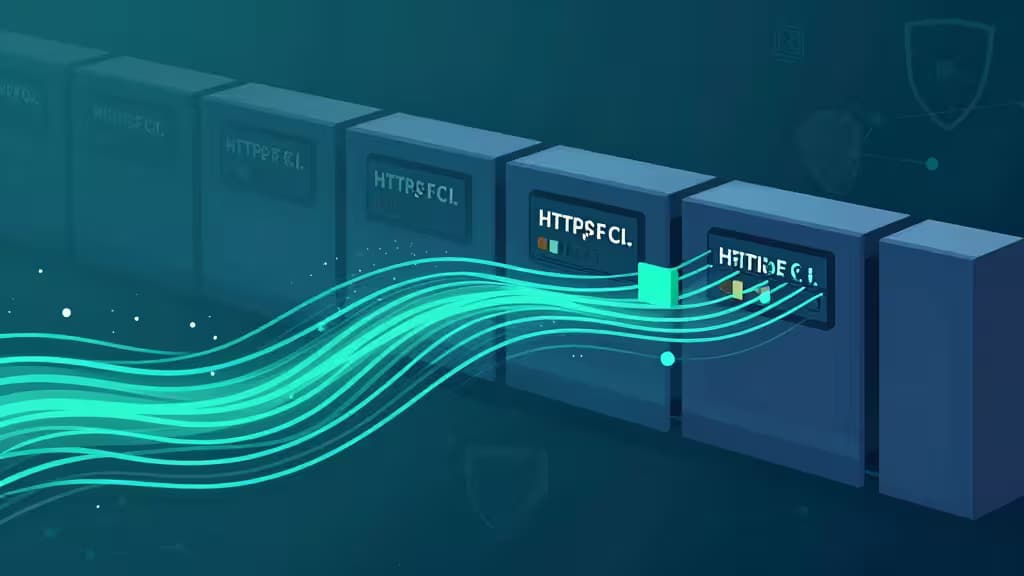 Abstracte illustratie van versleutelde gegevensstromen die naadloos door een firewall-barrière vloeien, met netwerkknooppunten en schildmotieven in donkerblauwe en turquoise tinten.
