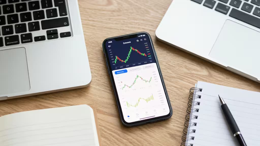 Smartphone e laptop exibindo gráficos de criptomoedas ao lado de um caderno e caneta sobre uma mesa de madeira.