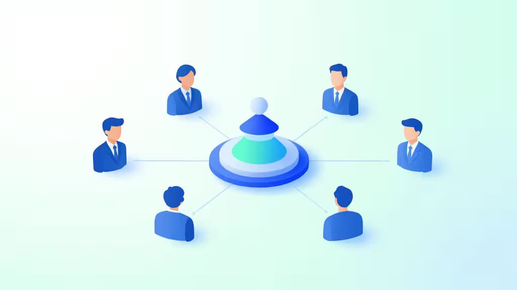 Six blue-suited figures connect via lines to a central teal-and-blue platform, symbolizing team collaboration in multi-member LLC banking.
