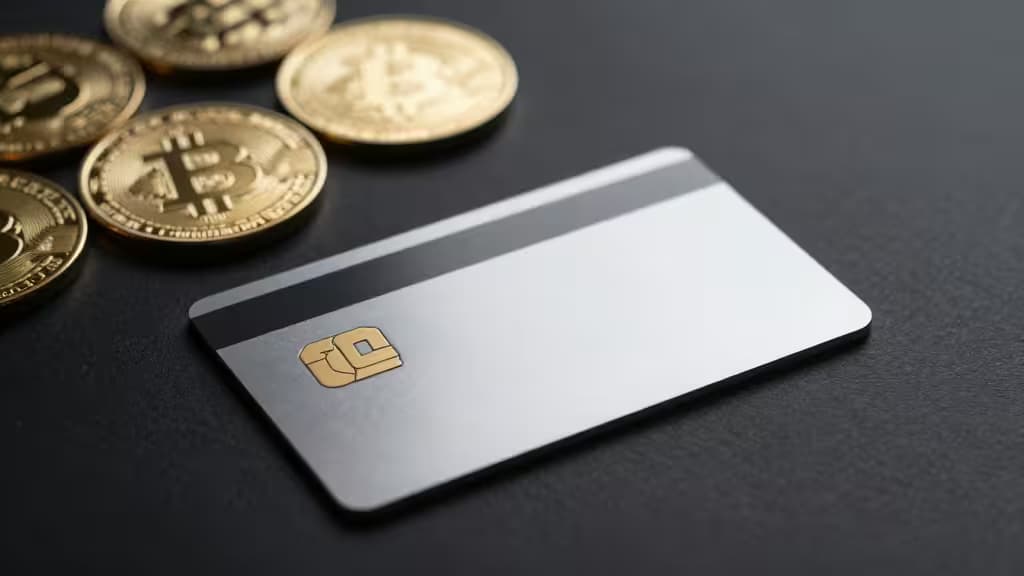 Een strakke crypto debitkaart naast Bitcoin- en Ethereum-munten op een donker oppervlak