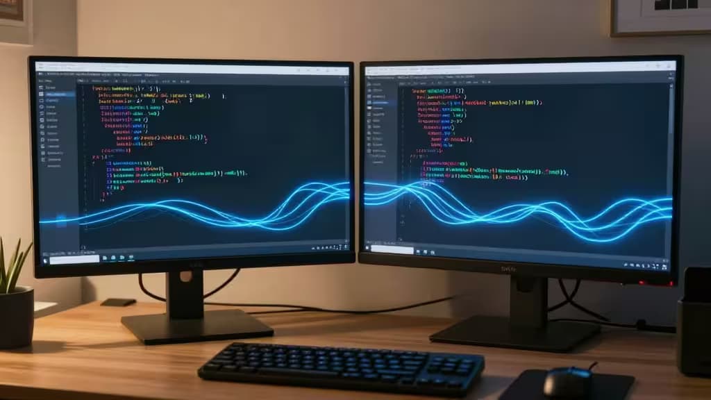 Dual monitors display glowing code waves, symbolizing AI-driven refactoring of legacy systems.