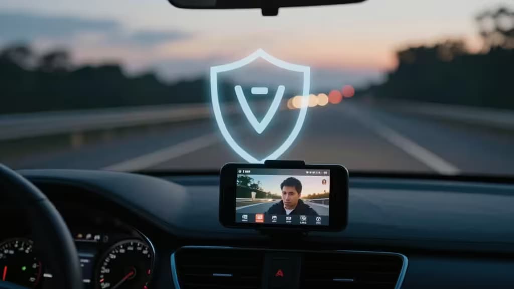 A smartphone streams video on a car dashboard at dusk, with a glowing shield icon above it.