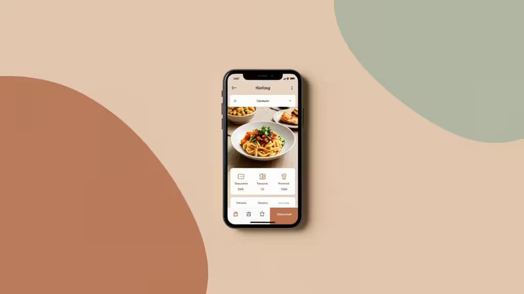Ein Smartphone zeigt ein Pasta-Gericht auf einer Liefer-App, zentriert vor abstrakten beigefarbenen und grünen Formen.