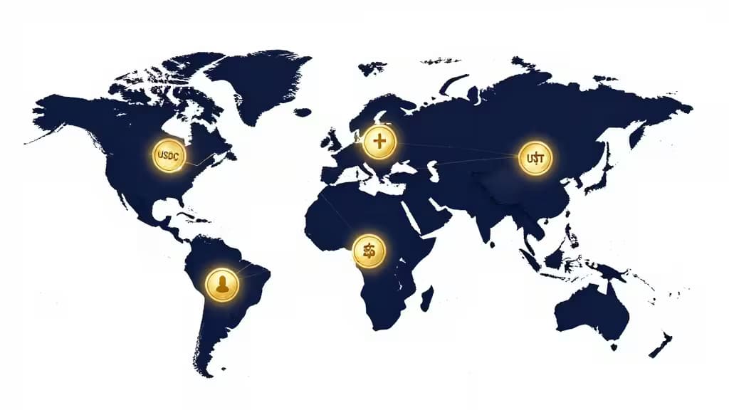Dark blue world map with glowing gold crypto icons marking global remote team payroll hubs.