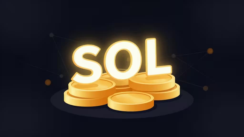 Solanaブロックチェーンのステーキングを抽象的に表現したイメージ — 暗い背景に輝く金色のSOLトークンとバリデーターのネットワーク接続