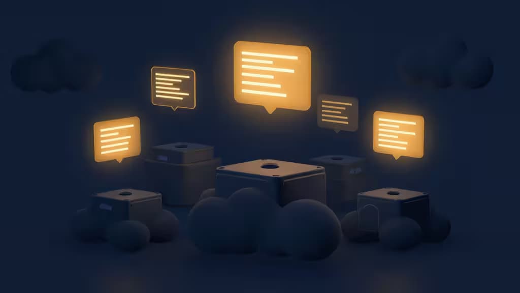 Glowing chat bubbles hover above serverless cloud infrastructure, symbolizing affordable error monitoring tools for modern applications.