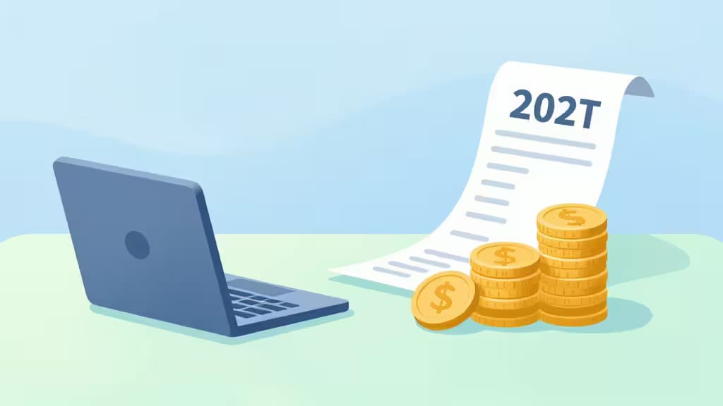 Niebieski laptop obok paragonu i stosów złotych monet na mięntowo-zielonym biurku — ilustracja finansowania zakupów firmowych ratalnymi płatnościami BNPL.