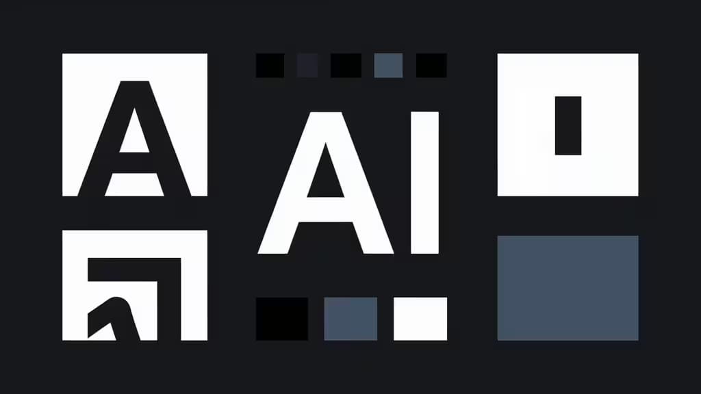Abstrakcyjna kompozycja z geometrycznymi kształtami i fragmentami typografii, reprezentująca proces generowania logo przez sztuczną inteligencję