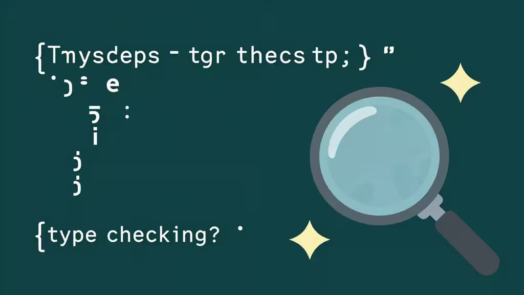 Abstract editorial illustration of TypeScript type checking with geometric code symbols, curly braces, and a magnifying glass in a dark teal and amber palette