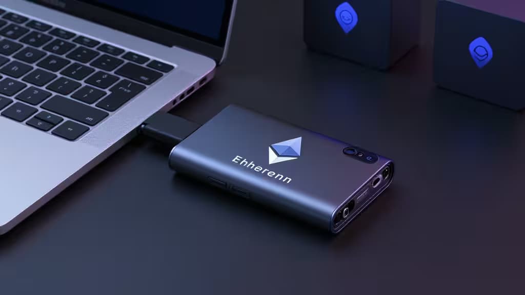 Un hardware wallet Ethereum élégant connecté à un ordinateur portable, avec des visuels de staking lumineux.