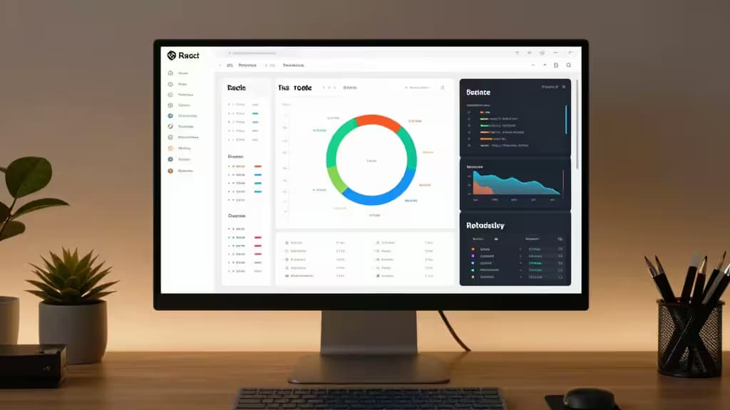 Ein moderner Monitor zeigt ein React-Dashboard mit Fehleranalysen, flankiert von Pflanzen und Stiften auf einem warm beleuchteten Schreibtisch.