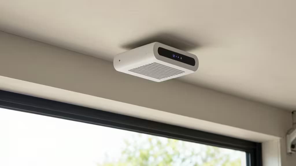 A smart garage door controller device mounted on a garage ceiling next to an existing opener unit, photographed in soft natural light.
