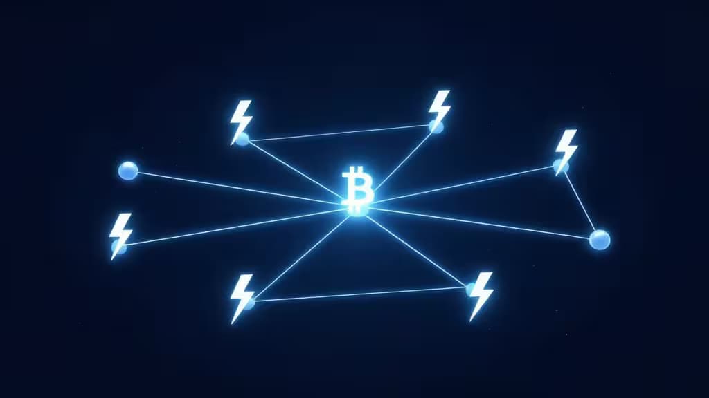 Rede Lightning Network representada por caminhos eléctricos luminosos e relâmpagos sobre uma paisagem digital escura, simbolizando pagamentos Bitcoin instantâneos