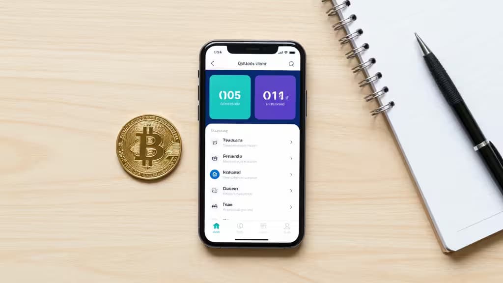 Smartphone displays crypto app beside Bitcoin coin, notebook, and pen on wooden desk.