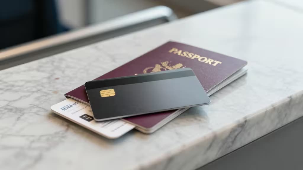A sleek black crypto debit card rests atop a passport and boarding pass on marble.