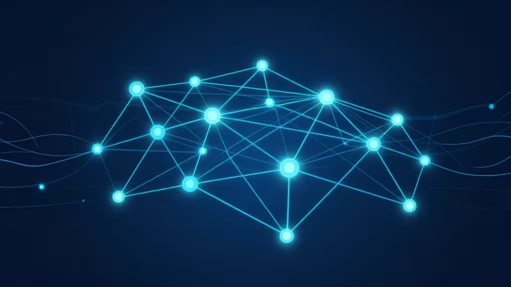 Glowing blue network nodes connect across dark space, symbolizing embedded finance APIs linking startups to banking infrastructure.